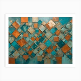 A Painting Of An Abstract Pattern With Geometric Shapes In Shades Of Turquoise, Orange, And Beige Art Print