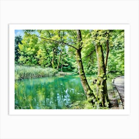 Serene River Landscape. The image depicts a tranquil river scene with lush greenery and a clear blue sky. A winding path leads through a forest of tall trees with vibrant green leaves, bordering the river. The water reflects the sky and surrounding foliage, creating a mirror-like surface. In the foreground, a weathered tree stump stands beside the path, adding a touch of rustic charm. Affiche