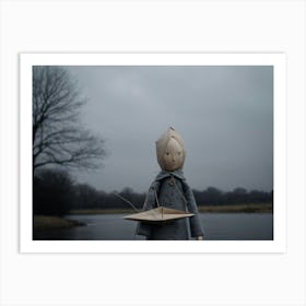 Melancholy Faced Stick Doll Simplistic Design Cradling A Small Delicately Crafted Paper Boat Sit Art Print