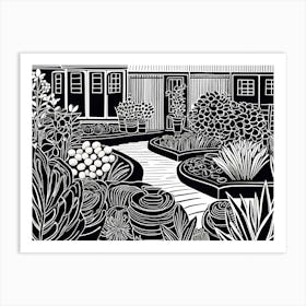 Beautiful Garden Linocut Black And White Painting 3 Art Print