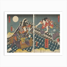 Vertical Ōban Diptych; Two Figures Engaged In A Battle On A Black, Blue And White Roof, With Clouds Below And Moo Art Print