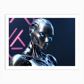 A Close Up Portrait Of A Female Robot With Silver Metallic Skin And Glowing Blue Eyes, Creating A Futuristic And Elegant Aesthetic Art Print