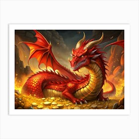 Red Dragon Guarding A Pile Of Gold Art Print