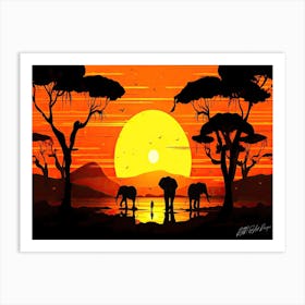 African Serengeti - Sunset Elephants Art Print