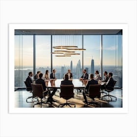 Confident Ceo Seated At The Head Of A Sleek Gleaming Mahogany Conference Table Leading An Energize 2 Art Print