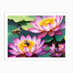 Lotus Flower With Bees Art Print