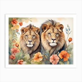 Vintage Lions Floral Painting Art Print