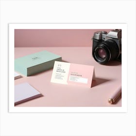 Photo Of A Business Card With A Camera, A Pen, And A Stack Of Business Cards On A Pink Surface Art Print