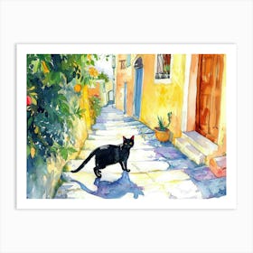Athens, Greece   Black Cat In Street Art Watercolour Painting 3 Art Print