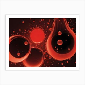 Abstract Composition Of Red Liquid Splashes, Drops, And Spheres Colliding Against A Dark Background, Creating A Dynamic And Artistic Scene Art Print