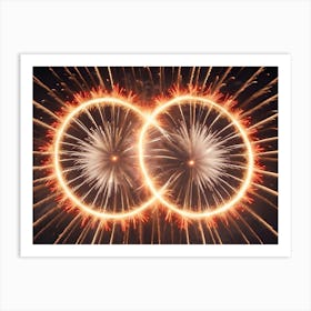 Two Golden Rings Are Displayed Against A Backdrop Of Fireworks, Representing Unity, Love, Or A Celebration Art Print