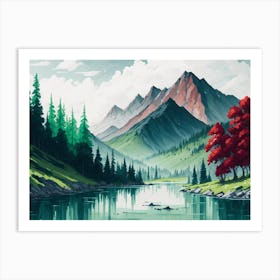 Default Watercolor Green And Red Trees And A River With Mounta 0 8b14da8c 006a 4147 912c 06ba73046dde 1 Art Print