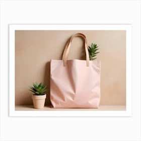 A Pink Tote Bag With Leather Handles, Standing Upright Against A Beige Background Art Print