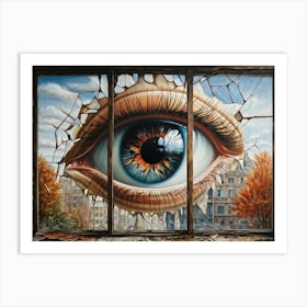 Surreal Painting Of A Building Sized Eye Peeling Back Seasonal Layers To Reveal Times Progression Art Print