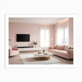 A Living Room Interior With A Pink Wall, A Sofa, Two Armchairs, And A Coffee Table Art Print