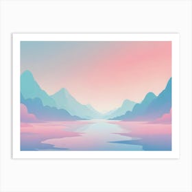 Stylized, Minimalist Landscape With A River Winding Through A Valley Of Pastel Blue Mountains Under A Pink Sky Art Print