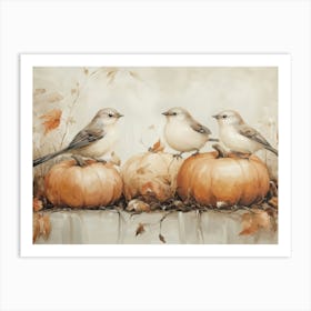 Three Birds On Pumpkins Art Print