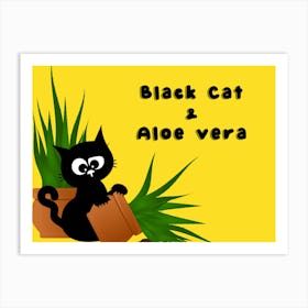 Black Cat And Aloe Vera Art Print