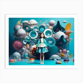 Girl Standing In Front Of A Blue Background Art Print