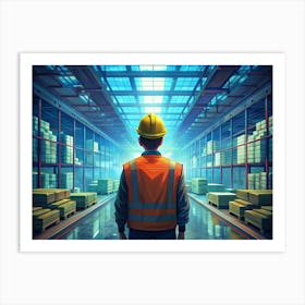 Worker In A Warehouse With Stacks Of Boxes Art Print