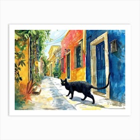 Heraklion, Greece   Cat In Street Art Watercolour Painting 2 Art Print