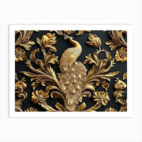 Elegant Leather Base Golden Floral Seamless Damask Flowers With Golden Peacocks Art Print