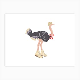 Explorer Ostrich With Hat, Neckerchief And Walking Boots, Fun Safari Animal Print, Landscape Art Print