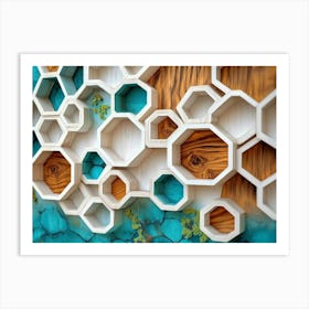 White Lattice And Turquoise Elements Combine With Dynamic Hexagons In An Oak Wood 2 Art Print