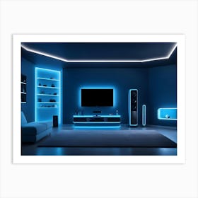 A Modern Living Room Interior With A Blue Sofa, A Tv, A Plant, And Blue Accent Lighting Art Print