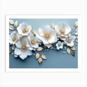 3d Artwork Illustration White Background With Golden Jewelry And Flower Painting Art Print