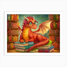 Red Dragon With Glasses Sitting On Stack Of Books Art Print