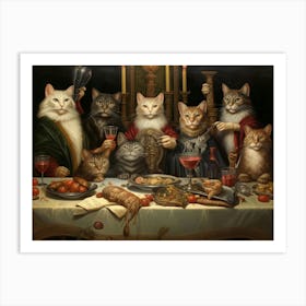 Cats At A Medieval Banquet With Wine Art Print