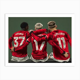 Manchester United Players Hugging Mainoo Garnacho and Højlund Art Print