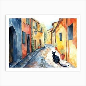 Black Cat In Reggio Emilia, Italy, Street Art Watercolour Painting 3 Art Print