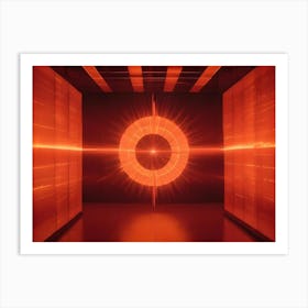 A Dark Room With A Glowing, Orange Circle In The Center Of The Wall, Surrounded By Red Lines Art Print