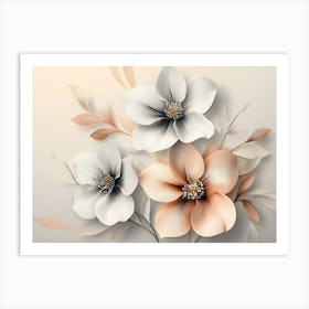 Three White Flowers On A Beige Background Art Print