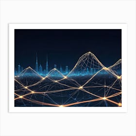 Abstract Image Of A Futuristic Cityscape With Glowing Orange Lines Connecting The Buildings, Resembling A Network Or Digital Landscape Art Print