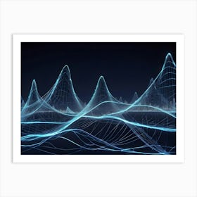 Abstract Image Of A Glowing, Blue Digital Landscape With Mountains And A Cityscape In The Background Art Print