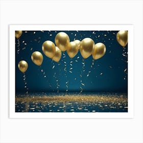 A Festive Celebration Scene With A Cluster Of Golden Balloons Floating Against A Dark Blue Background With Scattered Golden Confetti Art Print