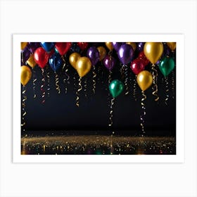 A Celebration Scene With A Cluster Of Colorful Balloons (Red, Blue, Purple, Gold, Green) And Golden Confetti Floating Against A Black Background Art Print