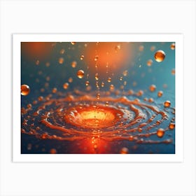 A Large Water Droplet Creating A Splash And Ripples In A Body Of Water, With Smaller Droplets Scattered Around Art Print