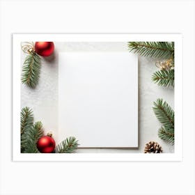 Minimalistic Christmas Card White Blank Paper Backdrop Of Pine Branches Intertwined With Red Gree Art Print