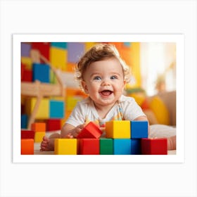 Baby Smiling Engaging With Vibrant Blocks Of Primary Colors Soft Focus Background Enhancing The Ch Art Print