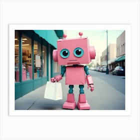 A 3d Rendered Image Of A Pink, Robot Like Creature Holding A Shopping Bag, Standing On A Sidewalk In Front Of A Storefront Art Print