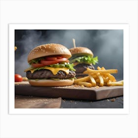 Two Cheeseburgers With Fries And Orange Juice On A Wooden Table Art Print