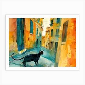 Black Cat In Foggia, Italy, Street Art Watercolour Painting 2 Art Print