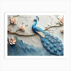 3d Artwork Background Blue Peacock On Branch Art Print