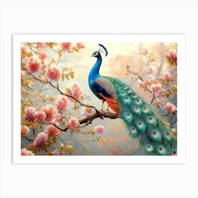 3d Peacock In Bloom On Branch With Colorful Flowers Art Print