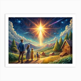 Family Looking At A Bright Star In The Sky Art Print