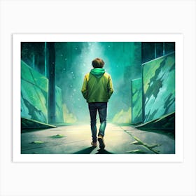 Mysterious Green Forest With A Man Walking Through Art Print